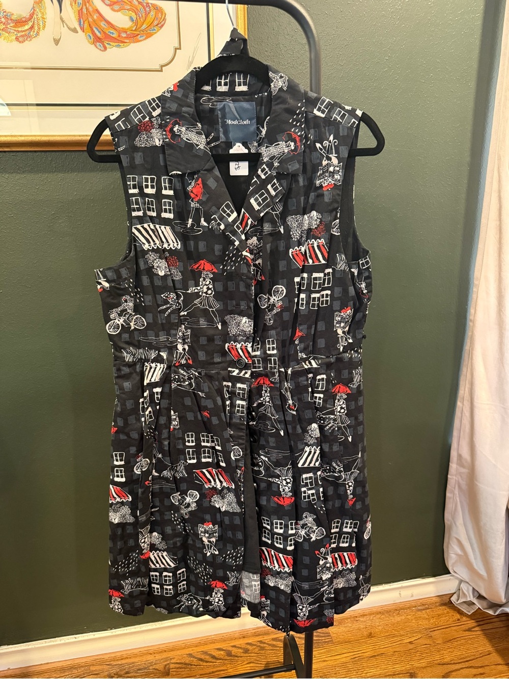 ModCloth Black Sleeveless Shirt Dress with Red & White Print